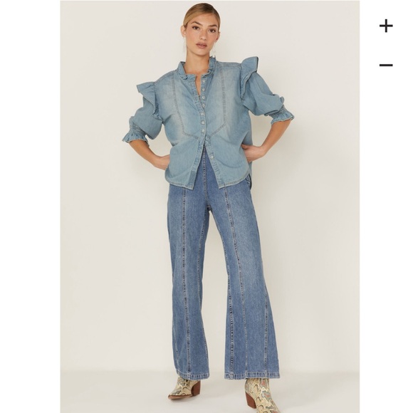 Free People, We The Free Denim Shirt, Louise Denim Top, Large - Picture 4 of 11